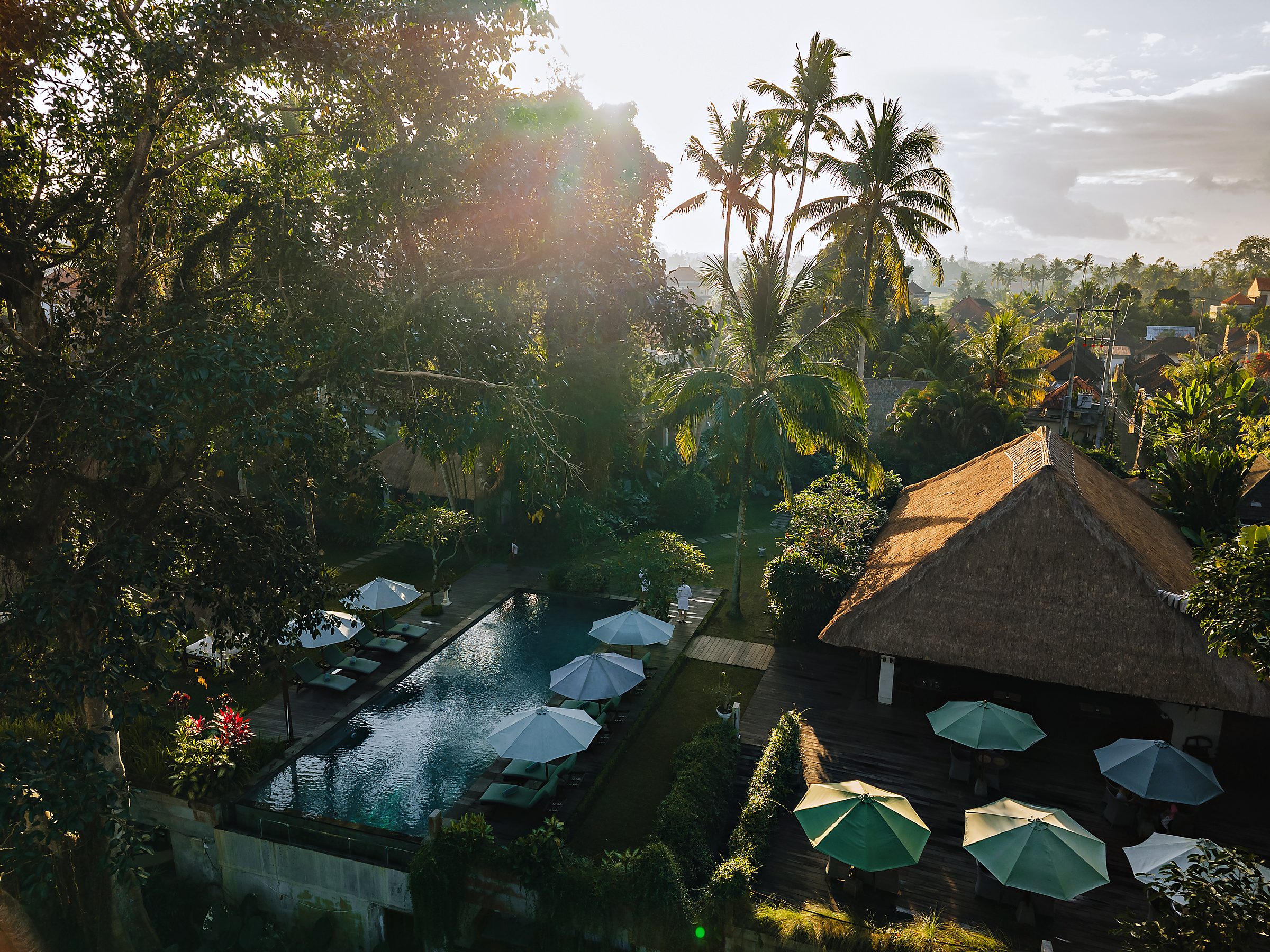 The resort from above in the golden hour: the pool, the pavilions and the canopy of the valley