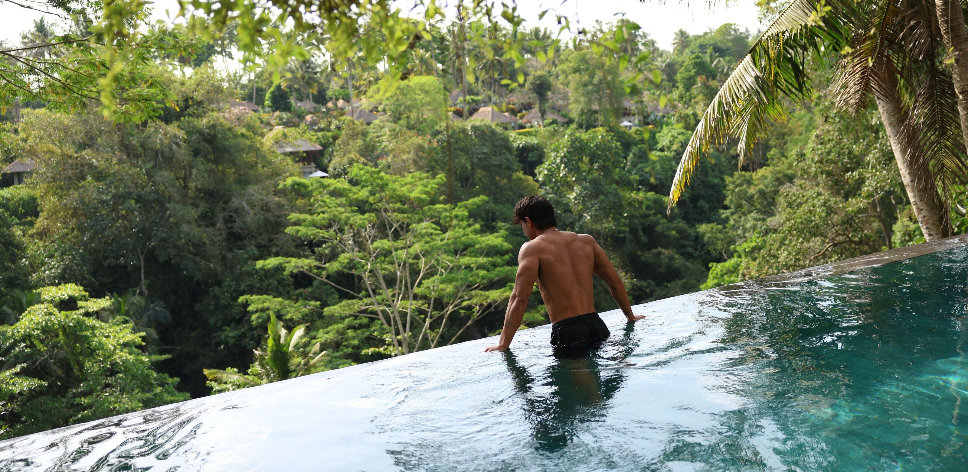 A guest at the edge of the infinity pool, looking out over the valley and the palms